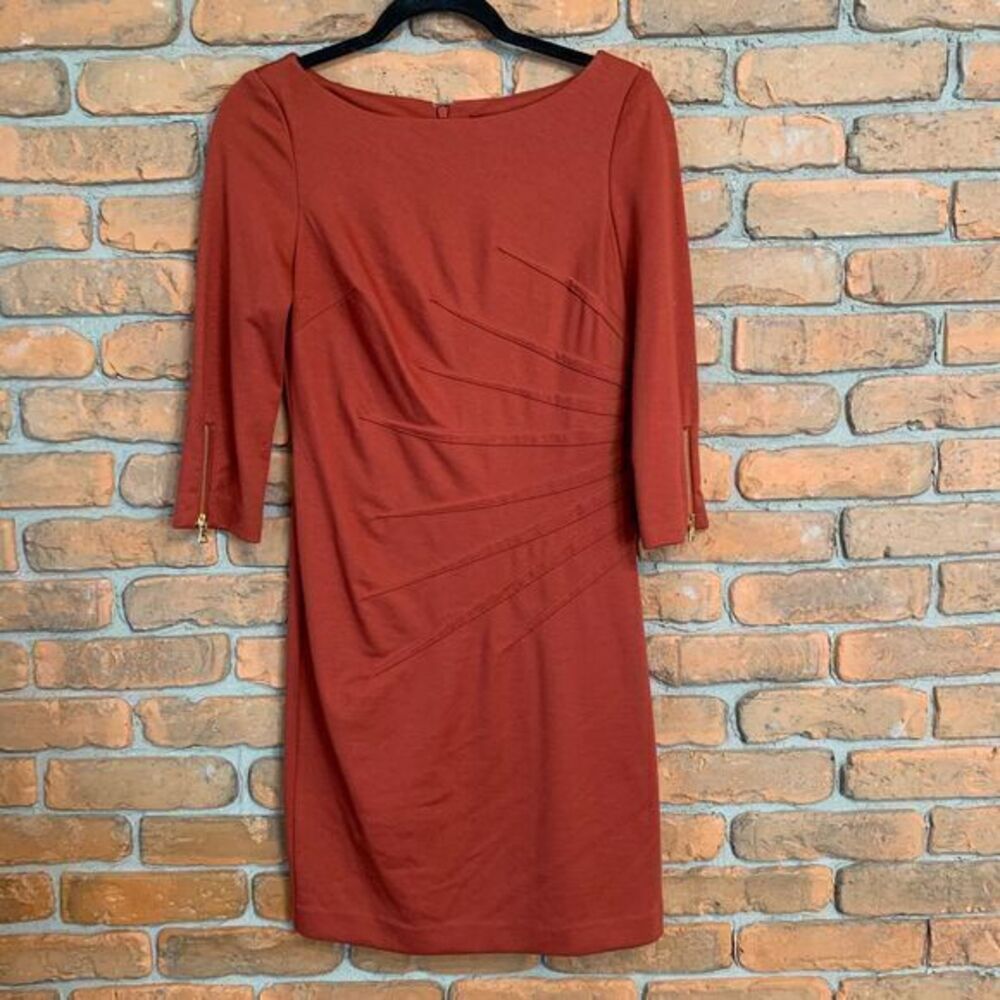 Jessica Howard Sheath Dress Pleats Side Knee Length Burnt Orange Size 4‎ Petite